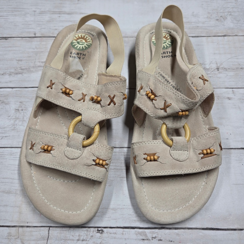 Earth Shoe Bradley WW Sandals Boho Slingback Women 9 Tan Beaded Suede Wide